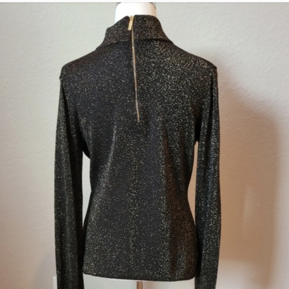 Michael Kors Black‎ Metallic Long-Sleeve V-Neck Top with Choker
